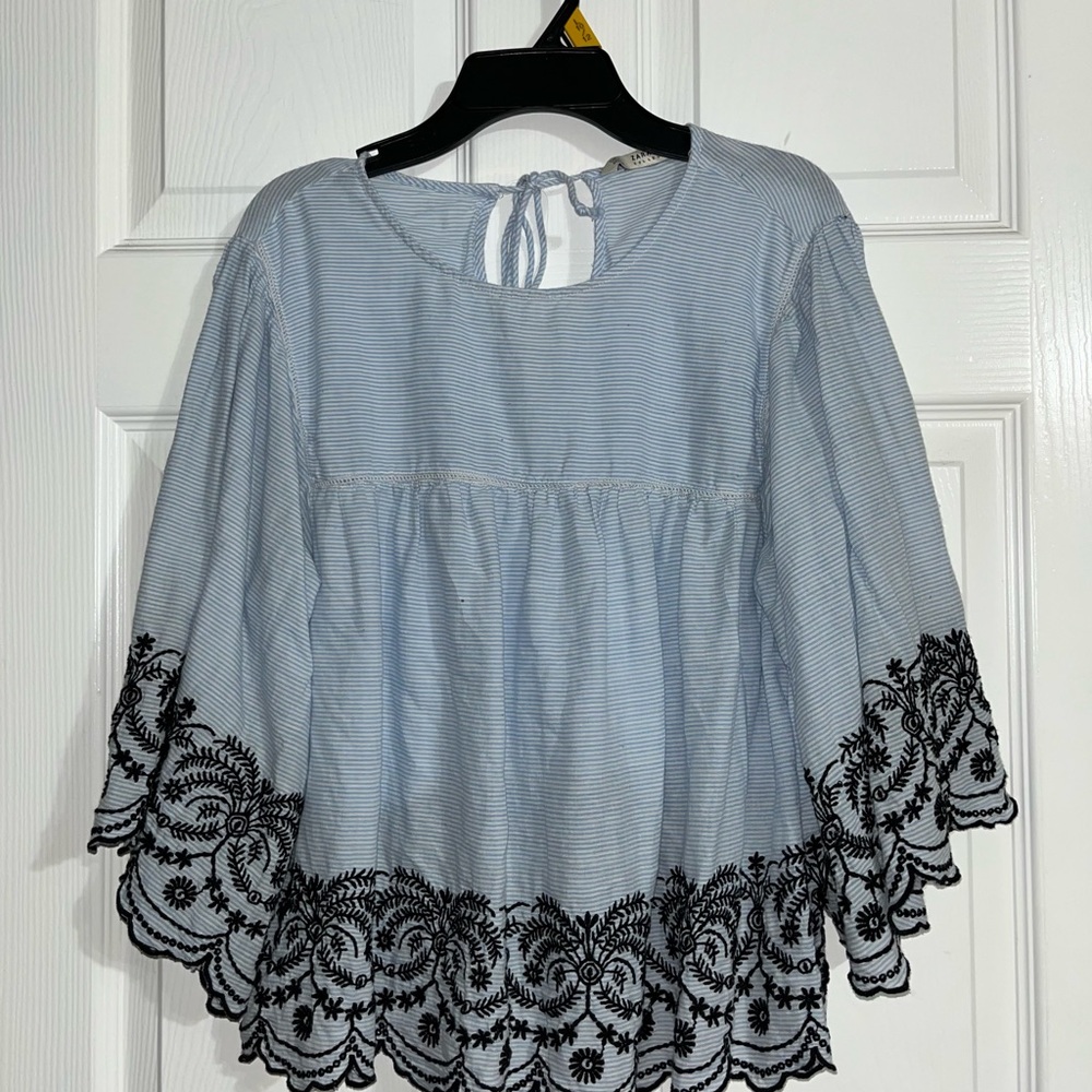 Zara Blue Blouse with Bell Sleeves and Boxy Fit